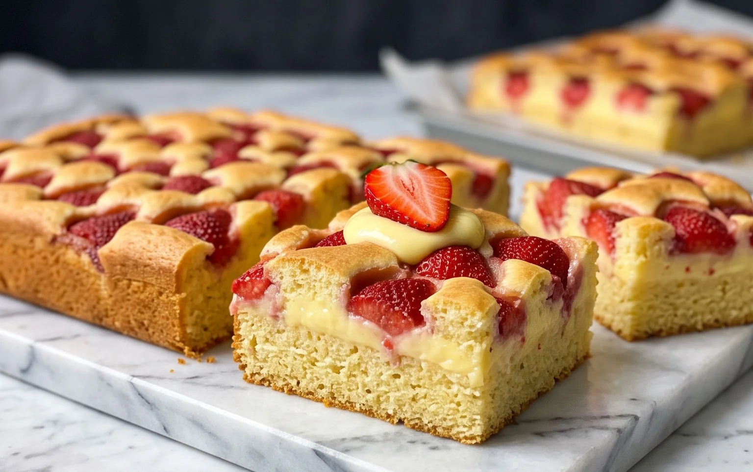 Erdbeerkuchen vom Blech mit Pudding: Saftig & cremig